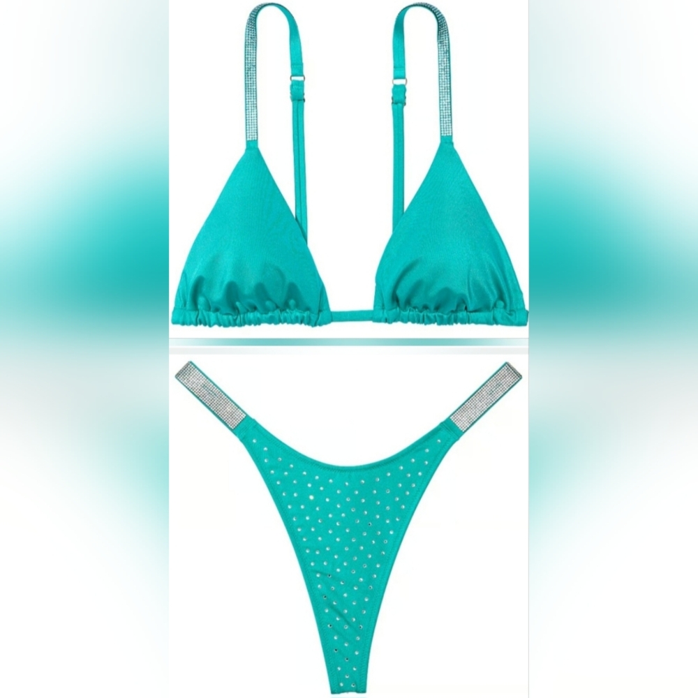 S/XS VS Swim Shine Strap Triangle Bikini Top Diamanté Thong Bikini Set